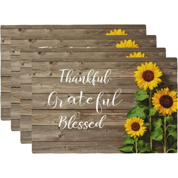 Sunflower Placemats Set of 4 Religious Thankful Grateful Blessed on Board Linen Washable Place Mats Rectangle Cloth Table Mat for Party Kitchen Dining Decoration Indoor Outdoor, 12x18 inch