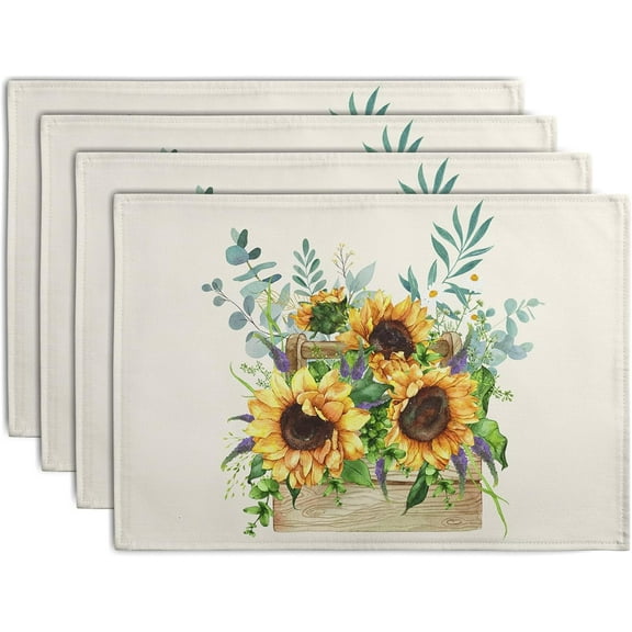Sunflower Placemats Set of 4 Spring Summer Yellow Floral Linen Heat Resistant Table Mats 12x18 Inch Sunflowers with Eucalyptus Leaves Print Placemats for Party Kitchen Dining Decoration