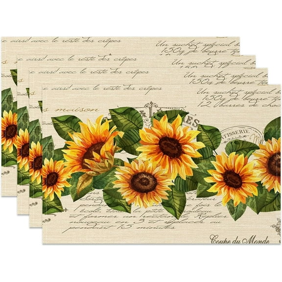 Sunflower Placemats Set of 4 Summer Yellow Flower Kitchen Table Waterproof Floral Placemat 12x18 Inch Seasonal Rustic Holiday Dining Table Mats Indoor for Kitchen Table Washable
