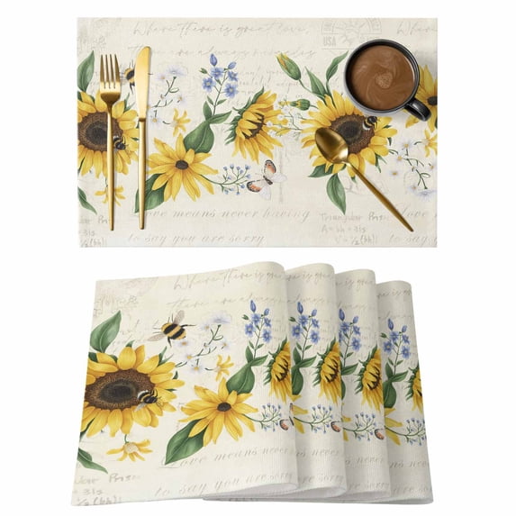 Sunflower Placemats Set of 4, Vintage Beige Bee Farm Botanical Flower Placemats for Dining Table, Place Mats for Kitchen Tabletop, Waterproof Wipeable Dining Table Mats Set