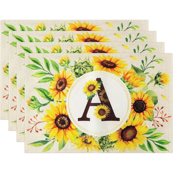 Sunflower Placemats Set of 4 Yellow Initial A Table Mats for Party Kitchen Dining Decoration Floral Print Place Mat for Table Holiday Decor Indoor Outdoor 18"x12" Non-Slip Washable