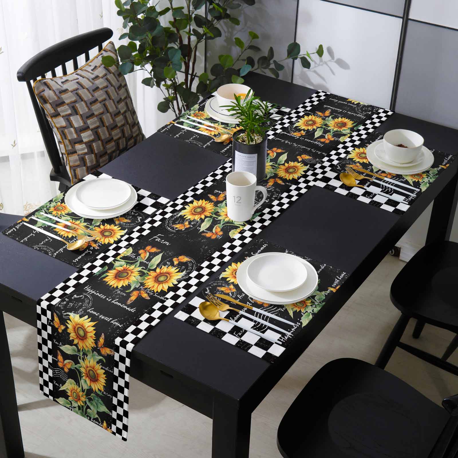 Sunflower Placemats Set of 6 with 72 Inches Long Table Runners,Black ...