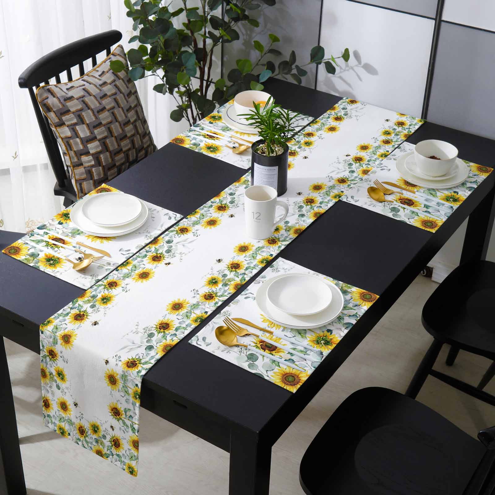 Sunflower Placemats Set of 6 with 90 Inches Long Table Runners, Sage ...