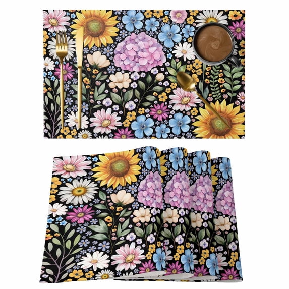 Sunflower Placemats Set of 6, Colorful Flowers Summer Botanical Placemats for Dining Table, Place Mats for Kitchen Tabletop, Waterproof Wipeable Dining Table Mats Set