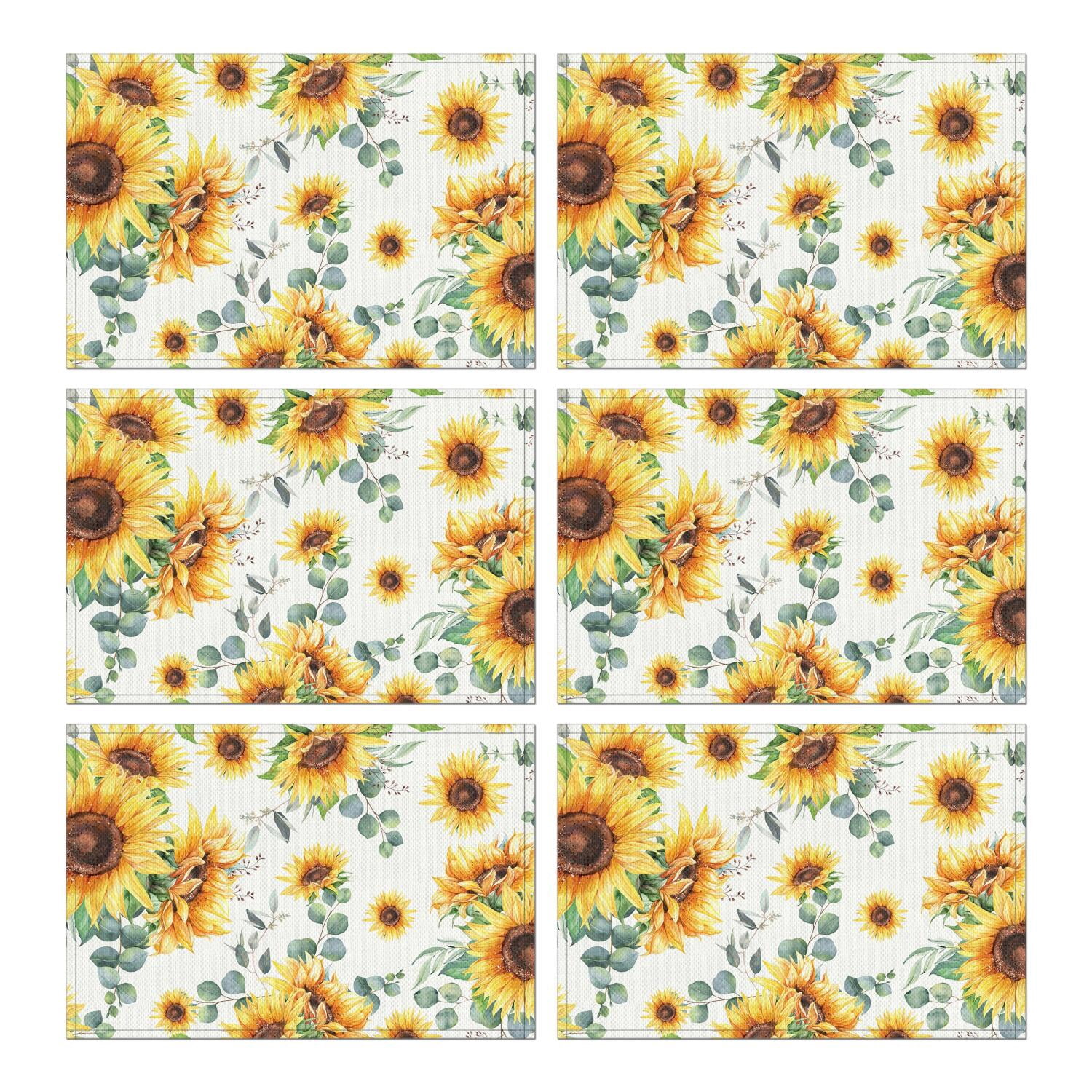 Sunflower Placemats Set of 6, Machine Washable Durable Linen Table Mats ...