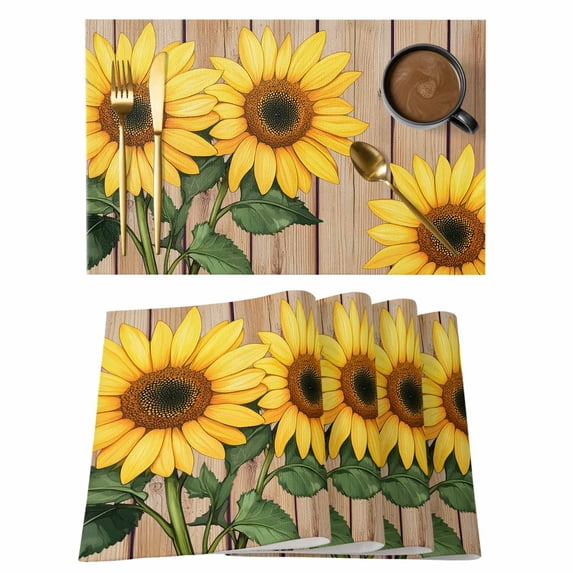 Sunflower Placemats Set of 6, Rustic Farmhouse Wooden Floral Plant Spring Summer Non-Slip Place Mats Washable Table Mats for Kitchen Dining Table Decorations Indoor/Outdoor