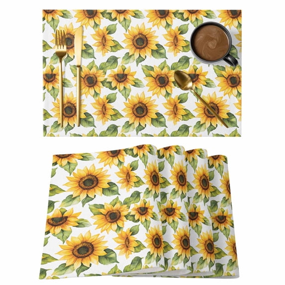 Sunflower Placemats Set of 6 Watercolor Summer Botanical Yellow Place Mats Indoor Wipeable Table Mats Washable Cloth Dining Table Placemats for Kitchen Holiday Party Home Decor 13x19 Inch