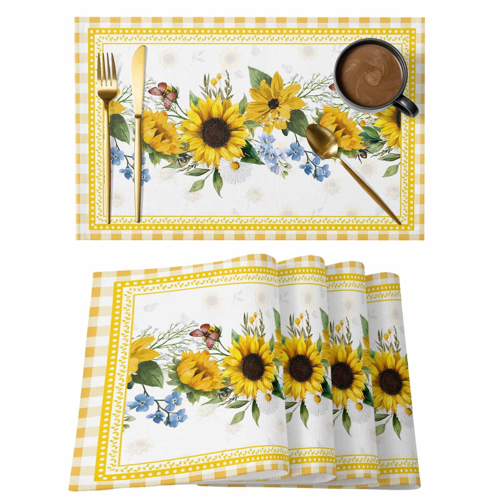 Sunflower Placemats Set of 6, Yellow Flowers Yellow Plaid Farmhouse ...