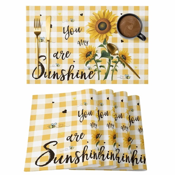 Sunflower Placemats Set of 6, Yellow Plaid Lattice You Are My Sunshine Placemats for Dining Table, Place Mats for Kitchen Tabletop, Waterproof Wipeable Dining Table Mats Set