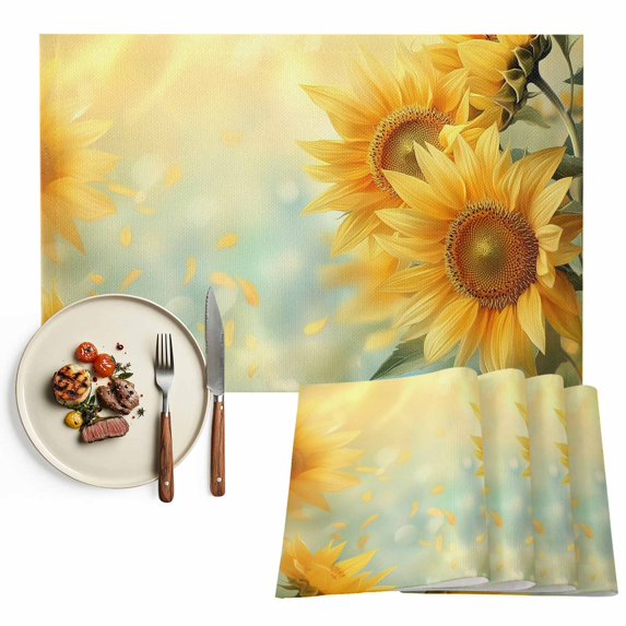 Sunflower Placemats Set of 6, Yellow Spring Floral Botanical Washable Wipeable Table Mats for Dining Tables, Indoor Outdoor Kitchen Place Mats for Holiday Party Table Decor