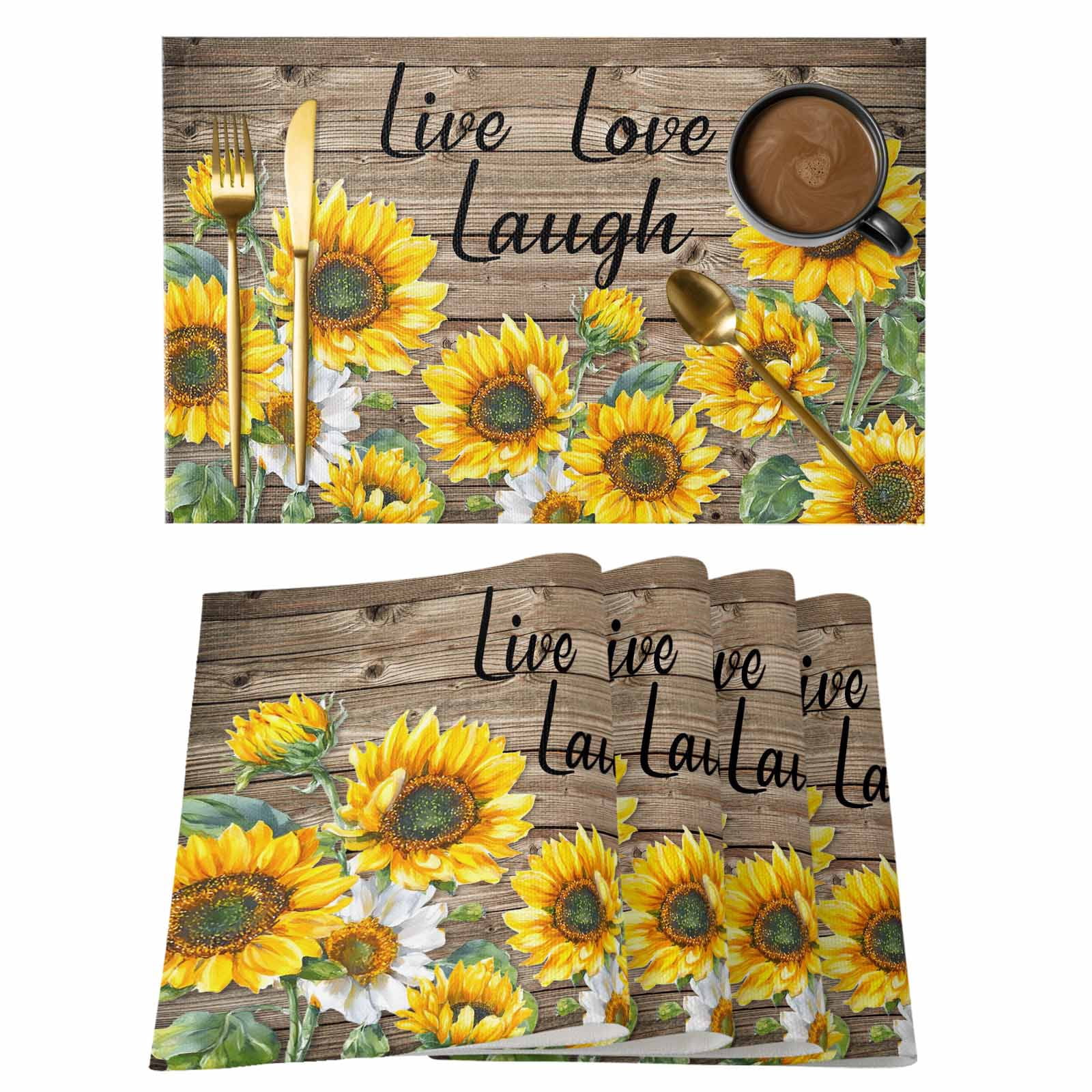 Sunflower Placemats Set of 8, Farm Floral Love Brown Vintage Brown Wood ...