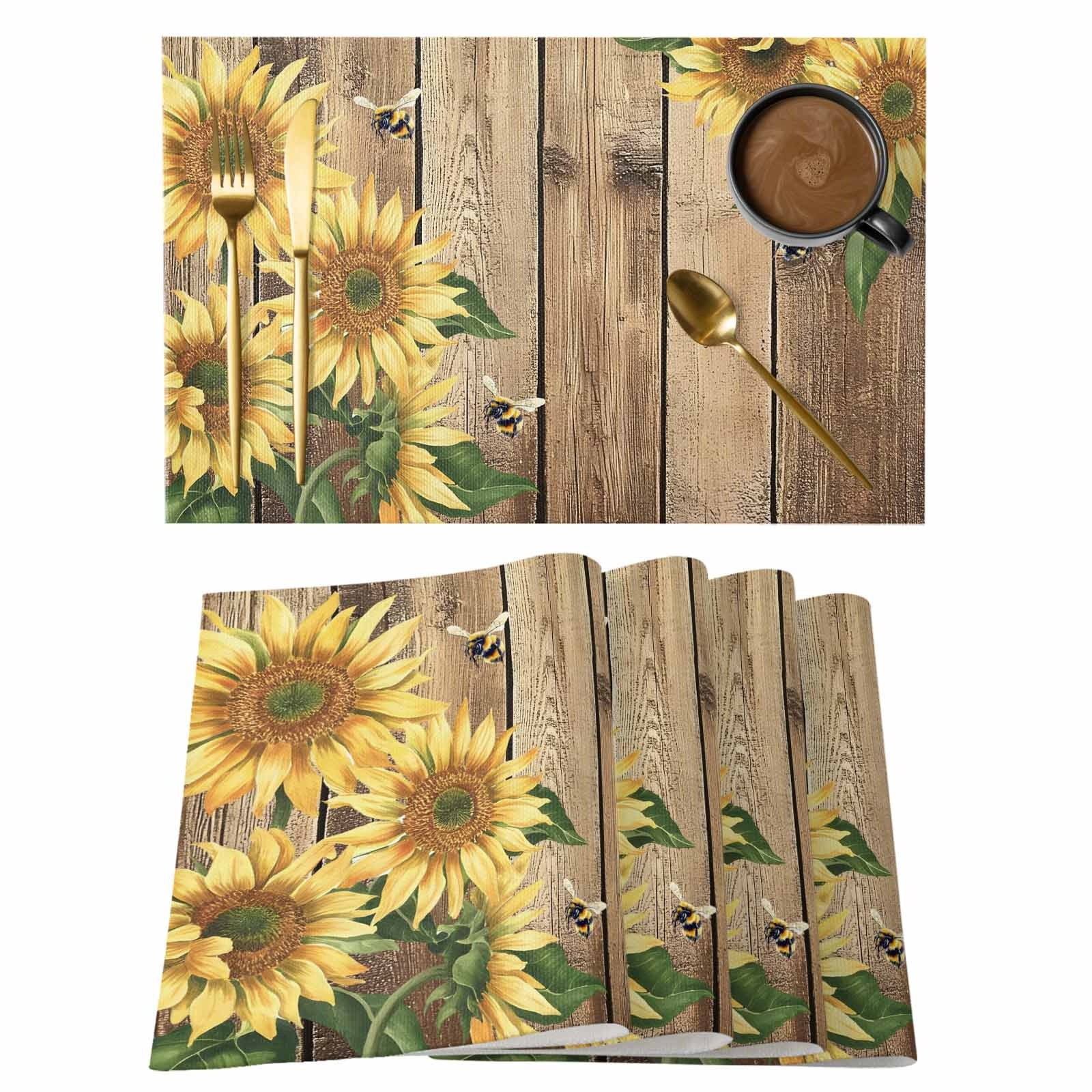 Sunflower Placemats Set of 8, Farmhouse Floral Bee Brown Vintage Wood ...