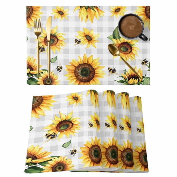 Sunflower Placemats Set of 8, Farmhouse Grey Buffalo Check Floral Bee Placemats for Dining Table, Place Mats for Kitchen Tabletop, Waterproof Wipeable Dining Table Mats Set