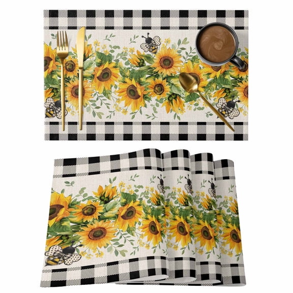 Sunflower Placemats Set of 8 Summer Botanical Bee Rustic Black Plaid Place Mats Indoor Wipeable Table Mats Washable Cloth Dining Table Placemats for Kitchen Holiday Party Home Decor 13x19 Inch
