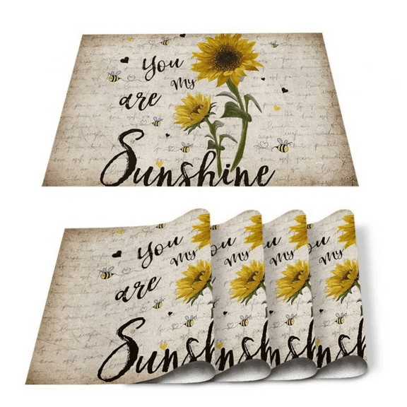 Sunflower Placemats Set of 4, 12x18 Inch Heat-Resistant Table Mats for Dining Room Kitchen, Washable Burlap Table Decor for Everyday Use