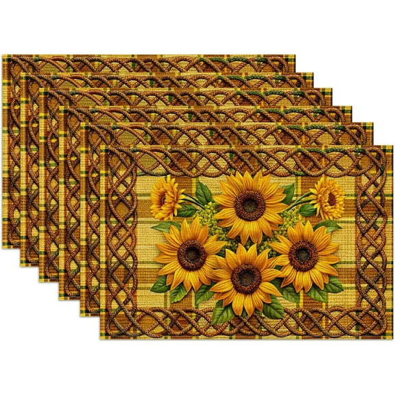 Sunflower Placemats Set of 6, Linen Place Mat Washable Stain Resistant Table Mats for Farmhouse Kitchen Dining Party Wedding Decor 12x18 Inch