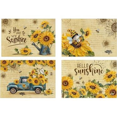 Sunflower Placemats, Sunflower Kitchen Decor, Yellow Gnomes Place Mats for Kitchen Dining Room Table Decoration, Decorative Farmhouse Summer Fall with Rectangle Pad Placemat Set of 4