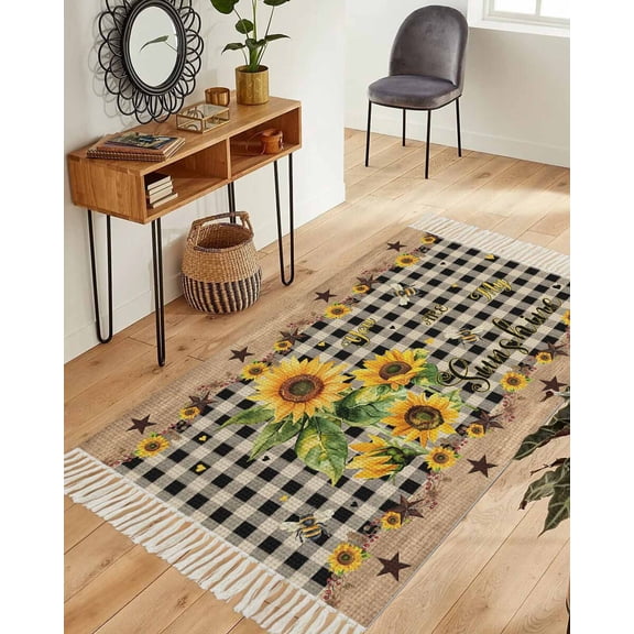 Sunflower Plaid Area Rug 3x5ft Woven Runner Rug,Country Sunshine Star Vintage Bee Black Washable Living Room Hallway Bedroom Kitchen Carpet with Tassels,Indoor Outdoor Throw Door Mat for Entryway