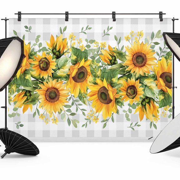 Sunflower Plaid Backdrop for Photography,Fabric Photo Background Backdrop,Retro Yellow Green Floral Leaf Grey Photo Booth Background for Portrait Photoshoot Video Wedding Studio Decor Banner 7x5ft