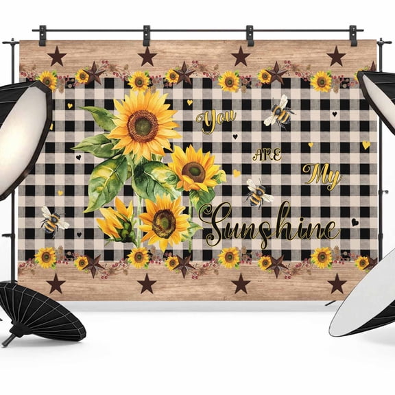 Sunflower Plaid Backdrop for Photoshoot,Photography Photo Studio Background Wall Backdrop,Country Sunshine Star Vintage Bee Black Back Drop Banner Panel for Portraits Wedding Live Streaming 7x5Ft