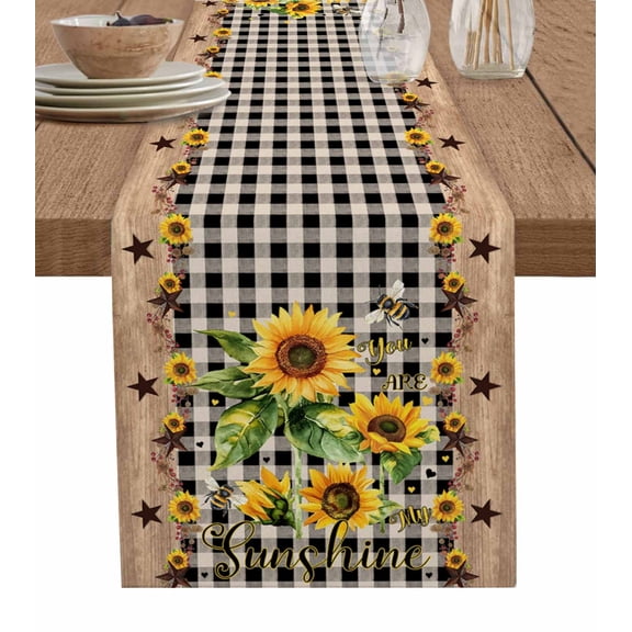Sunflower Plaid Burlap Cotton Table Runner 13x70 Inches Long, Country Sunshine Star Vintage Bee Black Farmhouse Table Runners, Outdoor Dining Tablecloths Decor for Baby Shower/Party/Wedding