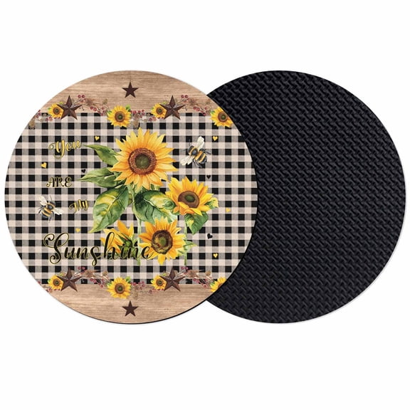 Sunflower Plaid Coasters Set of 2, Country Sunshine Star Vintage Bee Black Absorbent Coasters for Drinks, Coaster for Bar Office Dining Coffee Table Accessories Decor, Non Slip Round Desk Coaster