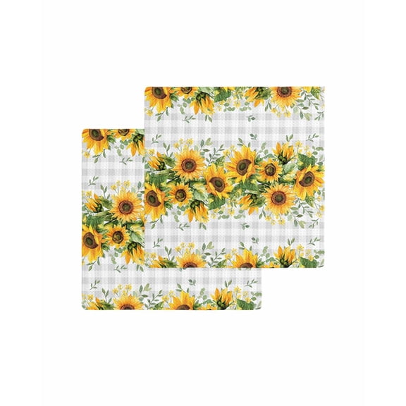 Sunflower Plaid Kitchen Dish Towels for Drying Dishes Set of 2, Retro Yellow Green Floral Leaf Grey Waffle Weave Microfiber Terry Hand Tea Bathroom Towels Quick Dry & Absorbent Towel 12x12