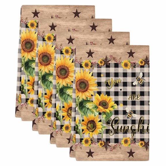 Sunflower Plaid Kitchen Towels Set of 4, Absorbent Microfiber Dish Tea Towels with Hanging Loop, Country Sunshine Star Vintage Bee Black Resuable Hand Towel for Home Kitchen Cooking Cleaning 18"x28"