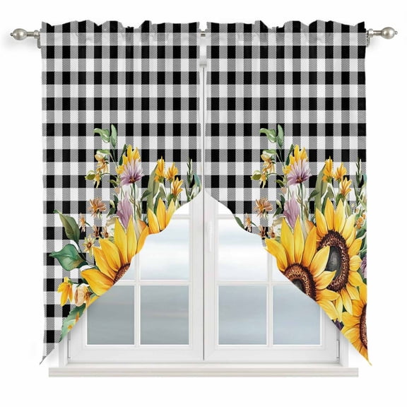 Sunflower Plaid Kitchen Window Curtains, Swag Curtains Valance for Bedroom Living Room Bathroom, Black White Checkered Yellow Floral Rod Pocket Window Treatment Curtain Block Drapes 2 Panels 36"x63"