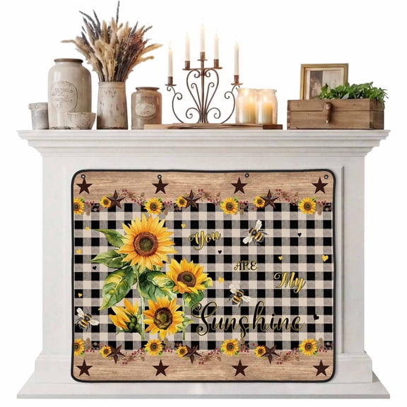 Sunflower Plaid Magnetic Fireplace Cover, Fireplace Draft Blocker, Country Sunshine Star Vintage Bee Black Fireplaces Blanket for Heat Loss/Cold Air, Fireplaces Draft Stopper Cover for Inside 36"x27"