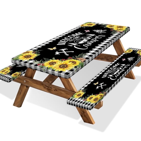 Sunflower Plaid Picnic Table Cover with Bench Covers and Bag, Camping Essentials, Checkered Floral Windproof for 5 Ft Rectangle Tables and Seats,with Drawstring Bag(30x60 Inches)