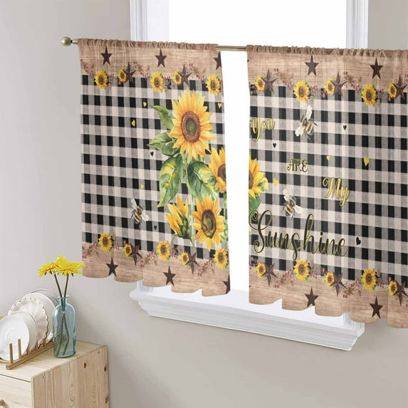 Sunflower Plaid Semi Sheer Curtains 54 Inch Length 2 Panels Set, Country Sunshine Star Vintage Bee Black Sheer Kitchen Curtain Privacy Voile Window Curtain for Living Room Bedroom Rod Pocket Drapes