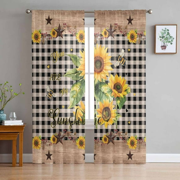 Sunflower Plaid Sheer Curtains 63 Inches Length 2 Panels Set, Window Sheer Curtains for Living Room/Bedroom, Country Sunshine Star Vintage Bee Black Light Filtering Rod Pocket Curtain 52'' x 63'' x 2