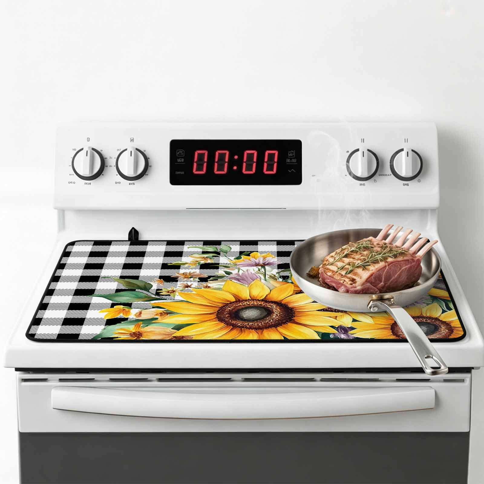 Sunflower Plaid Stove Top Cover for Electric Stove, Heat-proof & Non Slip Glass Top Stove Cover Protector, Black White Checkered Yellow Floral Kitchen Flat Cooktop Rubber Mat 24x21 Inches