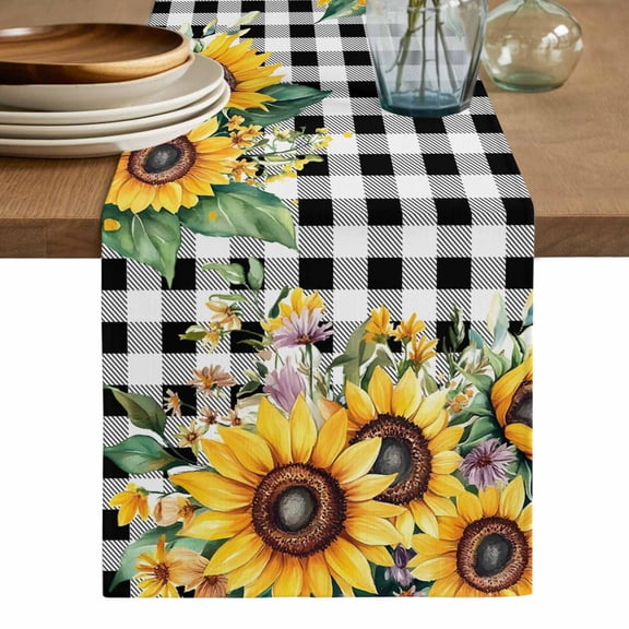 Sunflower Plaid Table Runner, Black White Checkered Yellow Floral Washable Cotton Linen Table Runners 36 Inches Long, Dresser Scarf Runner for Nightstand/End Tables/Round Tables 13''x36''