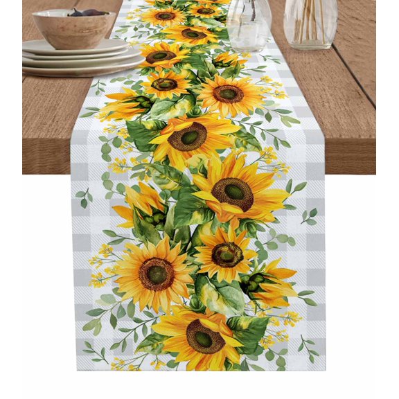 Sunflower Plaid Table Runner Cotton Linen 108 Inch Holiday Dresser Scarves,Retro Yellow Green Floral Leaf Grey Tablerunner for Kitchen Coffee Dining Bedroom Living Room Dinner Scarf Décor 13''x108''