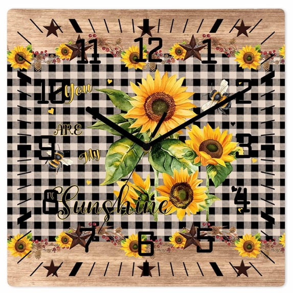 Sunflower Plaid Wooden Wall Clock Silent Non Ticking, Country Sunshine Star Vintage Bee Black Square Wall Clocks Battery Operated, Decor Clock for Home Office, Living Room, Kitchen, 10 Inch