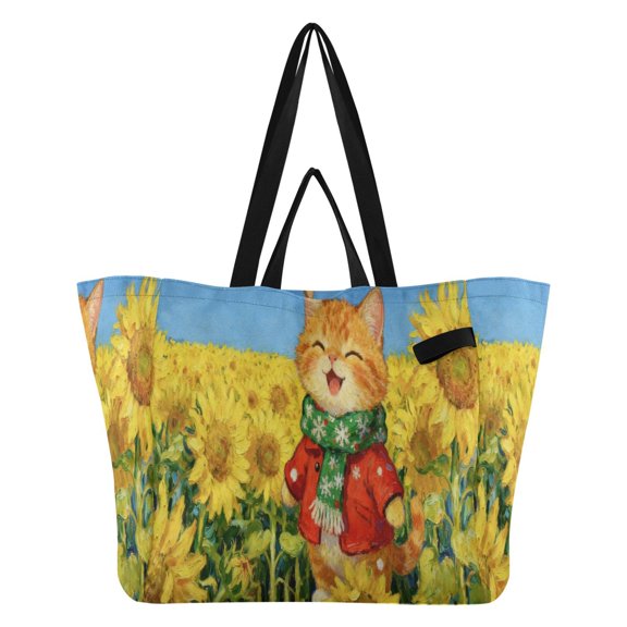 Sunflower Plump Cat Canvas Tote Bag Large Capacity Reusable Tote with Double Handles, Foldable Heavy Duty Shopping Beach Laundry Bag, 32L