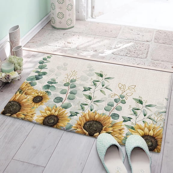 Sunflower Plush Rug Non Slip Bath Mat, Teal Eucalyptus Leaves Botanical Rustic Buralp Soft Shaggy Long Fur Fuzzy Bath Rugs 24" x 16", Carpet Mat for Bathroom Shower Home