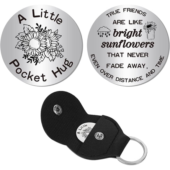 Sunflower Pocket Hug Token True Friends Keepsake Stainless Steel Double Sided Think of You Gifts with PU Leather Keychain for Friends Birthdays Friendship Long Distance Gifts 1.2 x 1.2 Inch