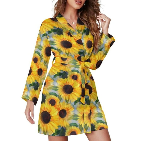 Sunflower Polka Dots Pajama Robe V Neck Vintage Floral Print Bathrobe Woman Long Sleeves Fashion Pajamas Robes Casual Dresses