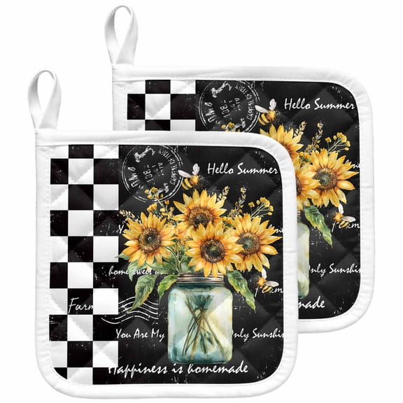 Sunflower Pot Holders for Kitchen Heatproof Potholder, 2 Pack Black White Check Farmhouse Bee Vase Floral Hot Pads Multipurpose Oven Pads Cloth Potholders Trivet for Cooking and Baking