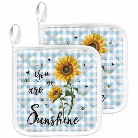 Sunflower Pot Holders for Kitchen Heatproof Potholder, 2 Pack Blue Plaid Farmhouse You Are My Sunshine Hot Pads Multipurpose Oven Pads Cloth Potholders Trivet for Cooking and Baking
