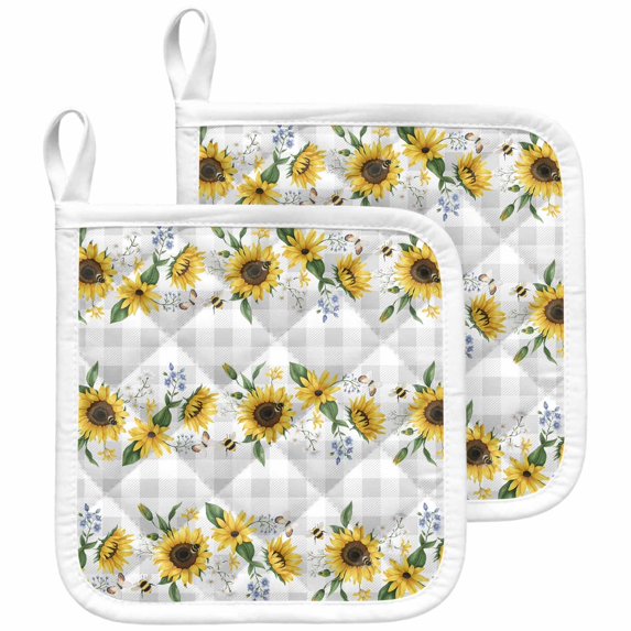 Sunflower Pot Holders for Kitchen Heatproof Potholder, 2 Pack Botanical Floral Butterfly Bee Gray White Plaid Hot Pads Multipurpose Oven Pads Cloth Potholders Trivet for Cooking and Baking