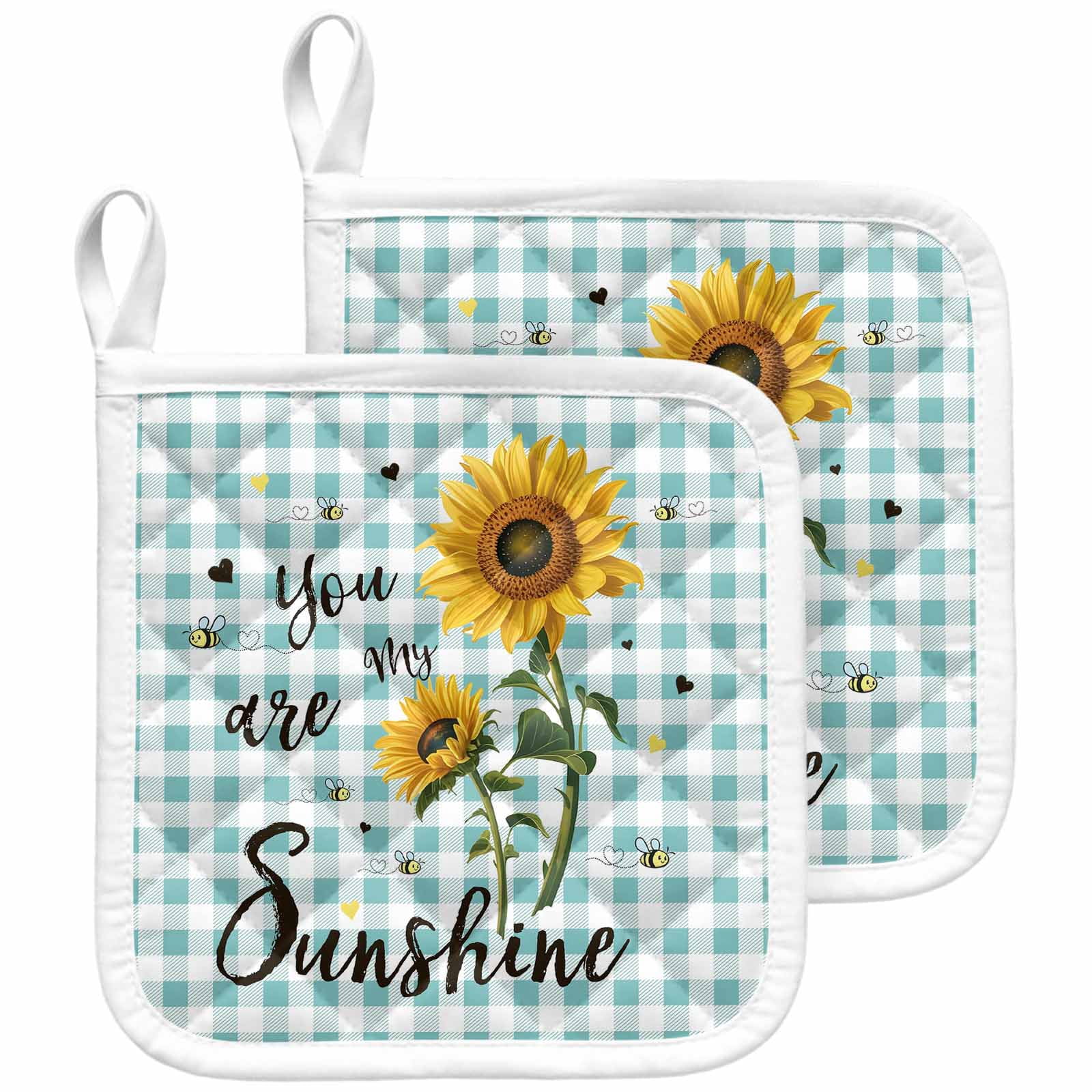 Sunflower Pot Holders for Kitchen Heatproof Potholder, 2 Pack Teal Green Check You Are My Sunshine Bee Hot Pads Multipurpose Oven Pads Cloth Potholders Trivet for Cooking and Baking