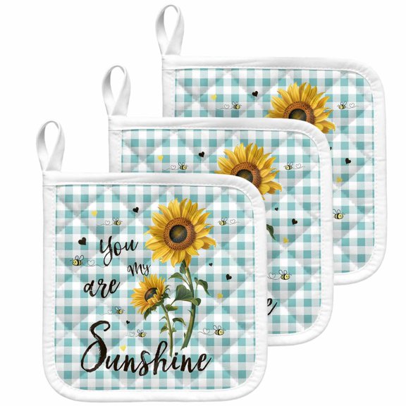 Sunflower Pot Holders for Kitchen Heatproof Potholder, 3 Pack Teal Green Check You Are My Sunshine Bee Hot Pads Multipurpose Oven Pads Cloth Potholders Trivet for Cooking Baking