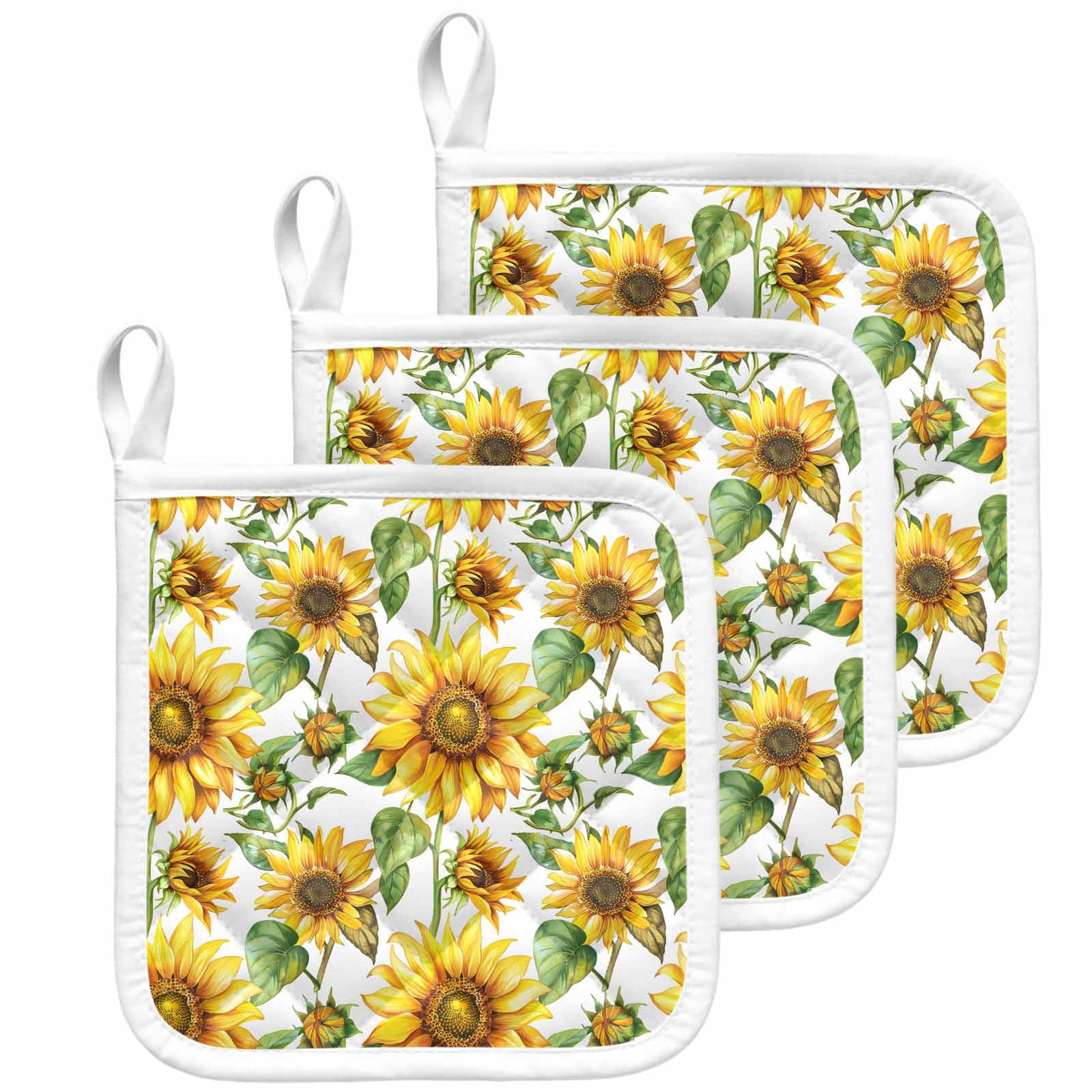 Sunflower Pot Holders for Kitchen Heatproof Potholder, 3 Pack Yellow Green Botanical Summer Rustic Hot Pads Multipurpose Oven Pads Cloth Potholders Trivet for Cooking Baking
