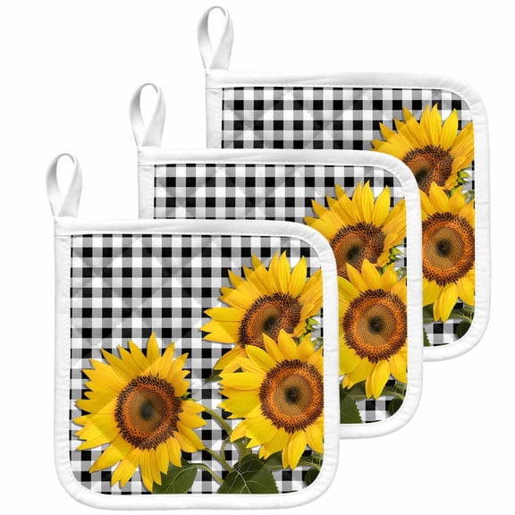 Sunflower Pot Holders for Kitchen Heatproof Potholder, 3 Pack Yellow Spring Flora Summer Botanical Plaid Hot Pads Multipurpose Oven Pads Cloth Potholders Trivet for Cooking Baking
