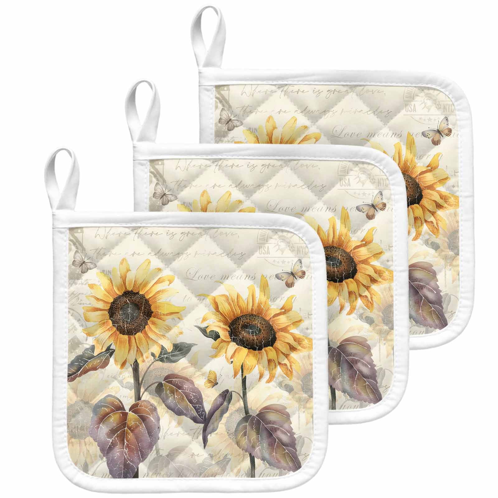 Sunflower Pot Holders for Kitchen Heatproof Potholder, 3 Pack Yellow Summer Botanical Floral Farmhouse Hot Pads Multipurpose Oven Pads Cloth Potholders Trivet for Cooking Baking