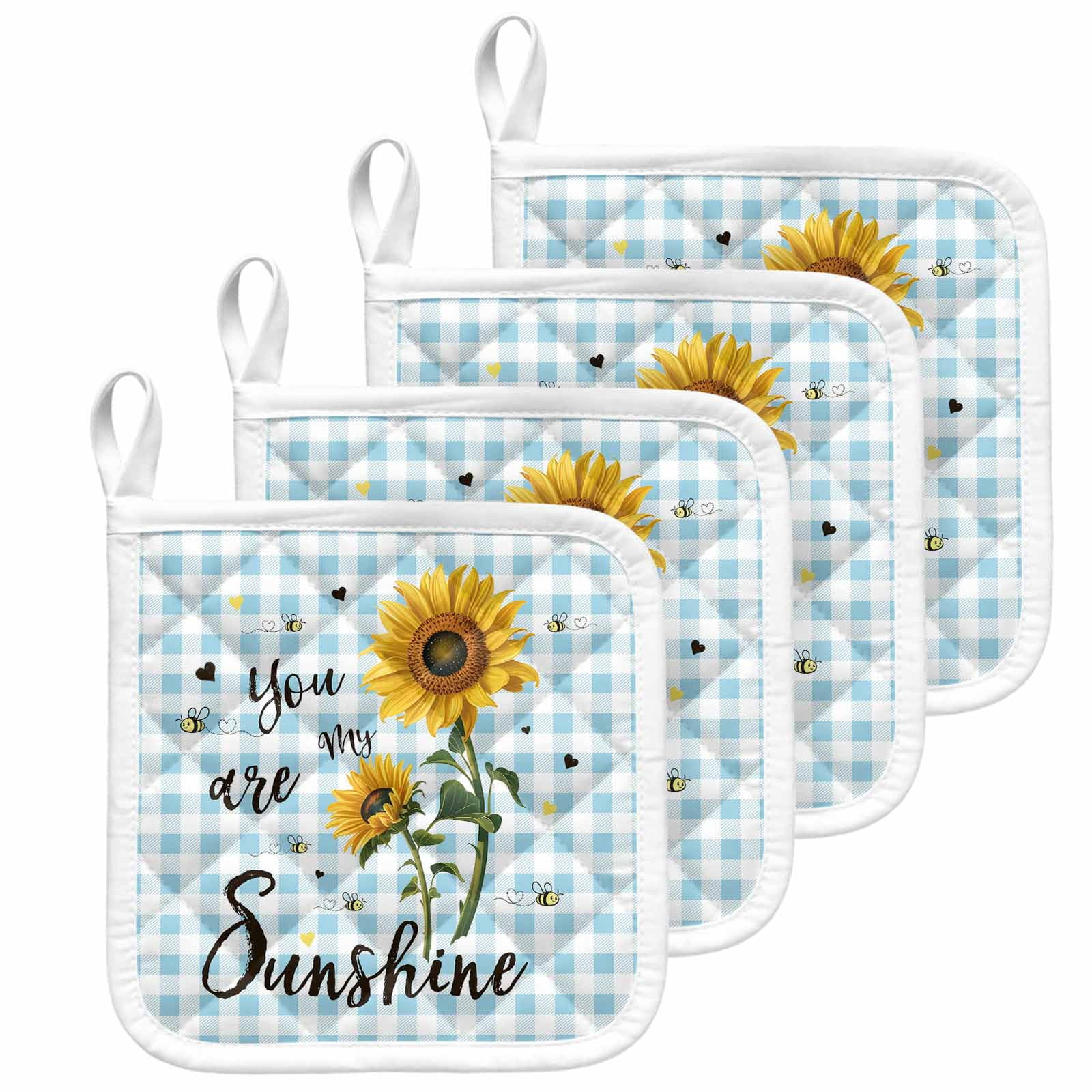 Sunflower Pot Holders for Kitchen Heatproof Potholder, 4 Pack Blue Plaid Farmhouse You Are My Sunshine Hot Pads Multipurpose Oven Pads Cloth Potholders Trivet for Cooking and Baking